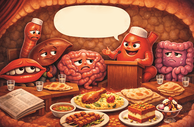 معدہ کی صدارت میں اعضاءِ انہضام کی ہنگامی میٹنگ