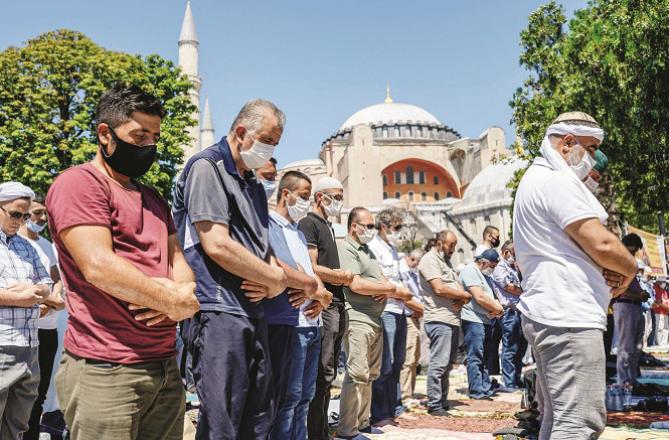 A sene of Muslims offering Namaz at Hagia Sophia. Photo : PTI