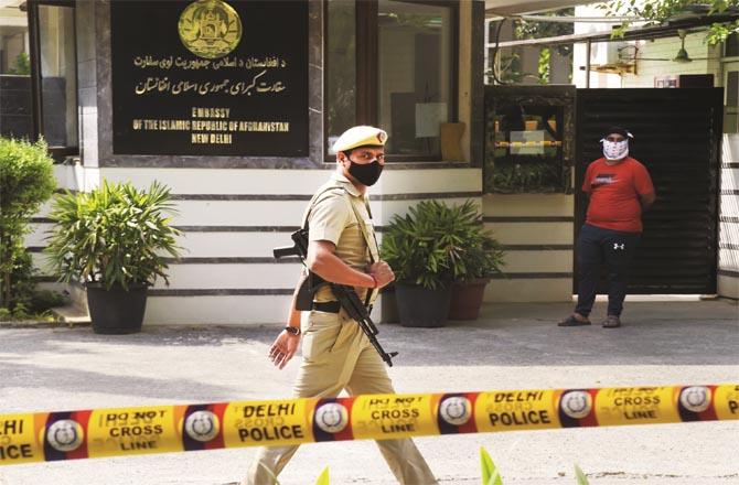 Increased security outside the Afghan embassy in Delhi following a change in the political situation in Afghanistan.Picture:PTI