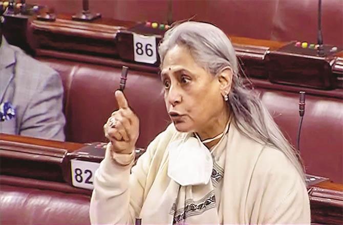 Samajwadi Party MP Jaya Bachchan protests against the government in Rajya Sabha