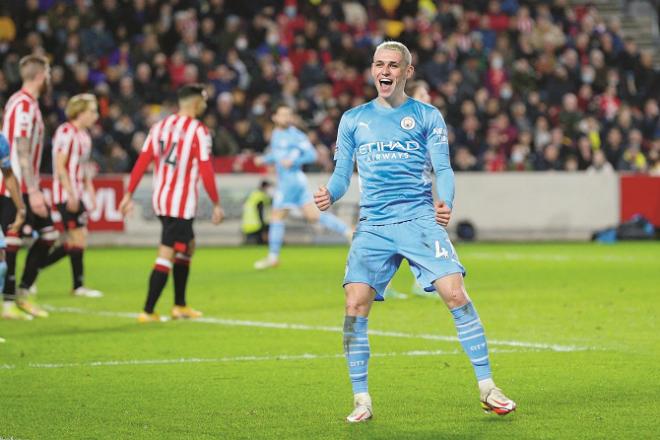 Phil Foden of Manchester City celebrates after scoring against Brentford..Picture:INN