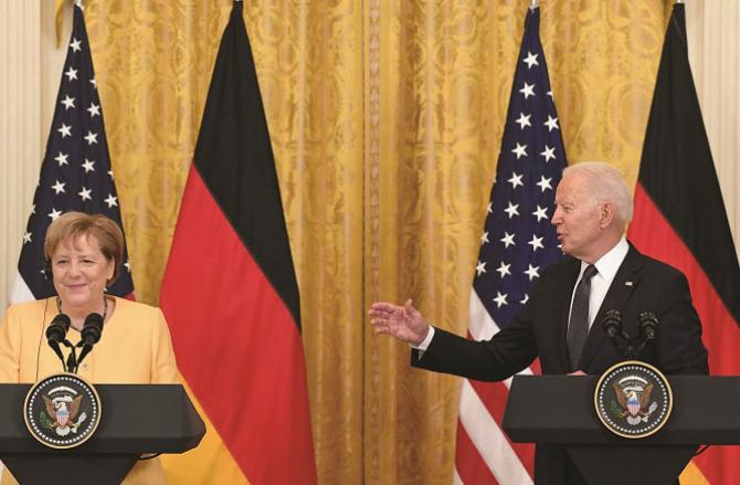 Joe Biden and Angela Merkel during a press conference at the White House..Picture:INN