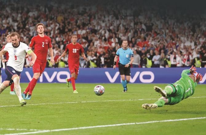  England captain Harry Kane scores the decisive goal against Denmark.Picture:INN