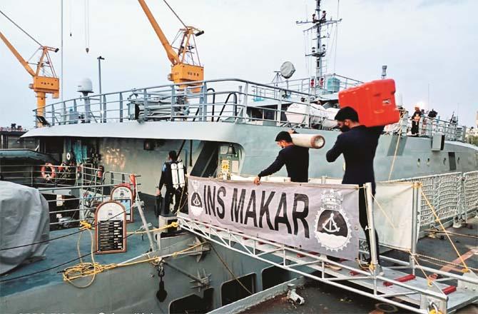 Soldiers can be seen on a navy ship.Picture:PTI