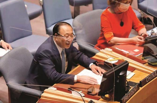  Chinese Ambassador to the United Nations Zhang Jun addresses the Security Council. Picture: Twitter