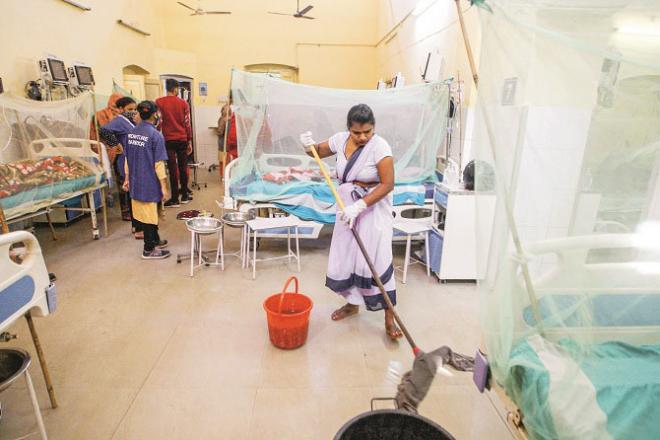Dengue ward being cleaned at Tej Bahadur Supro Hospital on Wednesday.Picture:INN