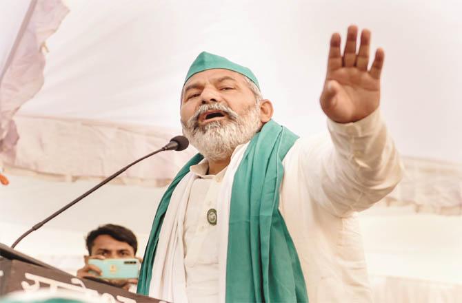 Indian Farmers Union leader Rakesh Takit addressing Kisan Maha Panchayat in Lucknow a few days ago.