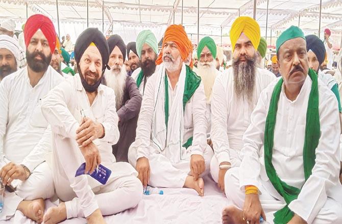 Rakesh Tikait and other farmer leaders on the occasion of the last rites of the slain farmers on October 5. (PTI)