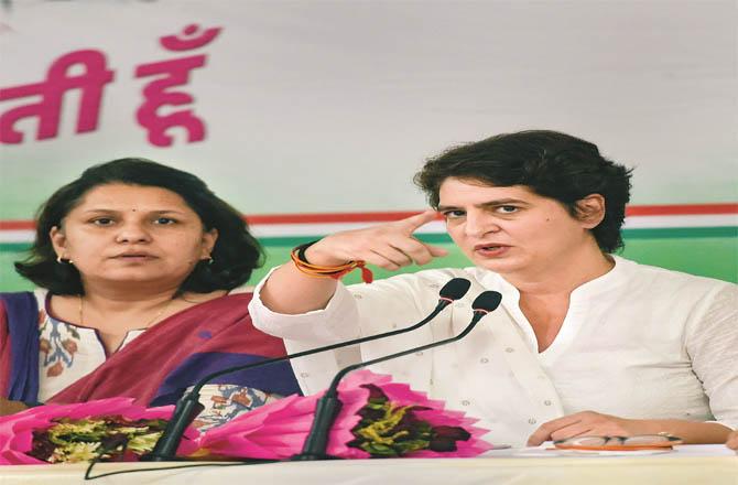 Congress General Secretary Priyanka Gandhi addressing the media.