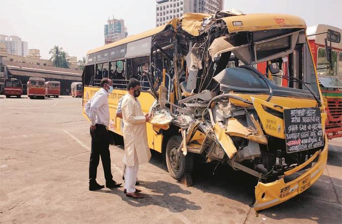 BEST committee chairman Ashish Chambor inspects bus that was involved in the accident.Picture:Inquilab