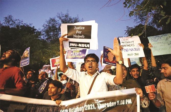 Students at JNU protest the fifth anniversary of Najeeb`s disappearance.