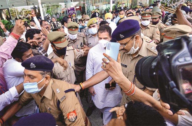 Rahul Gandhi coming out of Lucknow Airport. (PTI)
