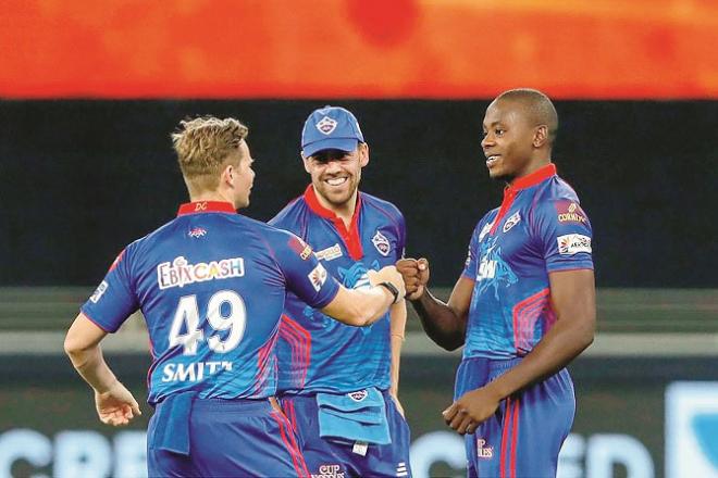 From right, Kagiso Rabada, Enrique Nortje and Steve Smith congratulate each other on their victory over Hyderabad..Picture:INN
