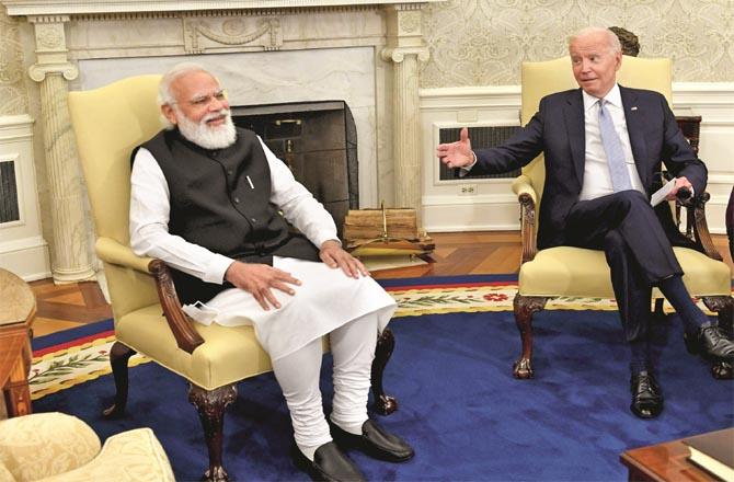 Prime Minister Modi and US President Joe Biden in a happy mood during the talks. (PTI)