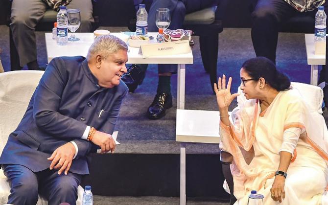 Chief Minister Mamata Banerjee and Governor Jagdeep Dhankar during the summit.Picture:INN