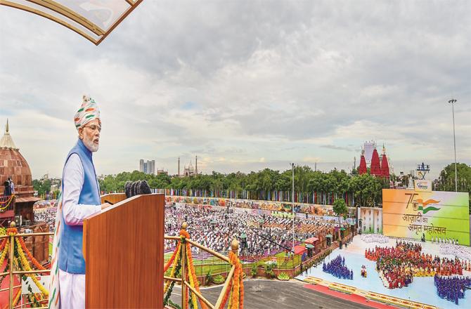 Prime Minister Narendra Modi addressing the Red Fort for the 9th consecutive time. In the 82-minute speech, he presented the plan for the next 25 years. (PTI)