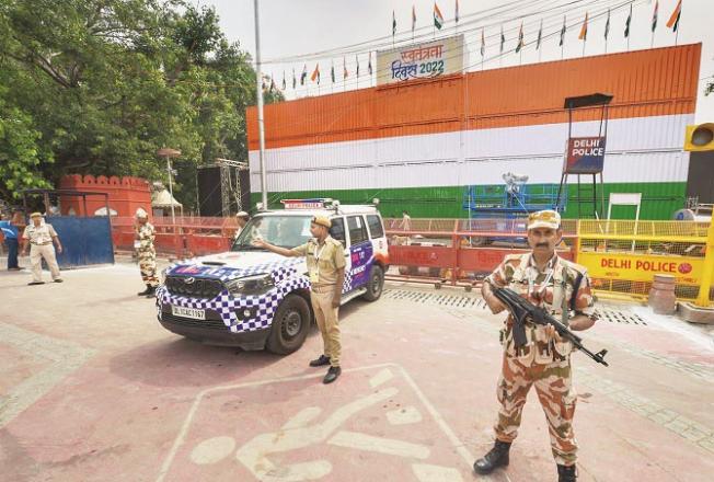 Tight security arrangements can be seen outside the Red Fort ahead of Independence Day. .Picture:PTI