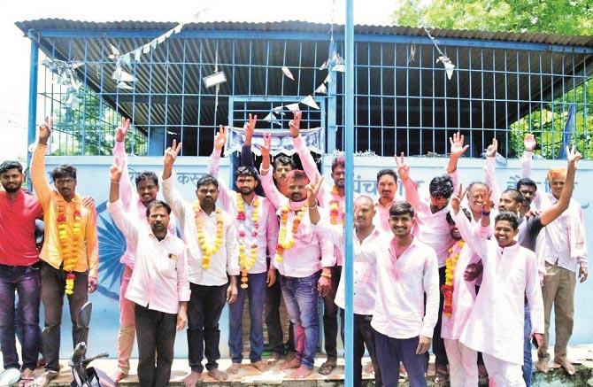 The 7-member panel of the Aam Aadmi Party, which won the Gram Panchayat elections in Kumbhari village of Jalna district, celebrated its victory..Picture:INN