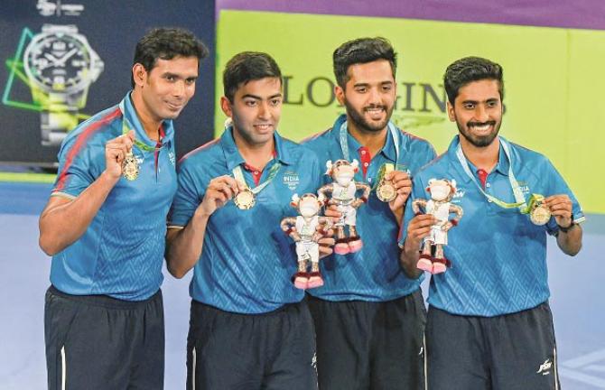 Commonwealth Games gold medal winning table tennis team .Picture :PTI