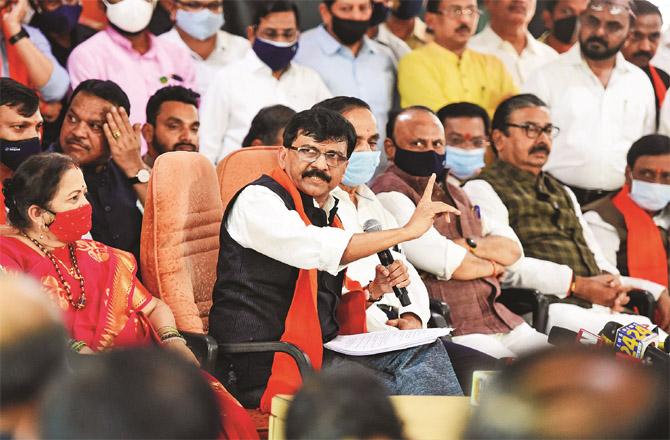 Sanjay Rawat addressing a press conference at Sena Bhawan. I also see the mayor of Mumbai and other leaders. (PTI)