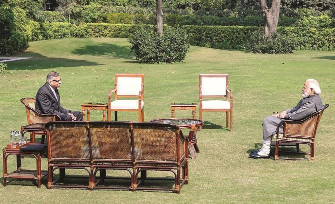 Prime Minister Narendra Modi discussing with Tata Sons Chairman N Chandrasekhar N.Picture:INN