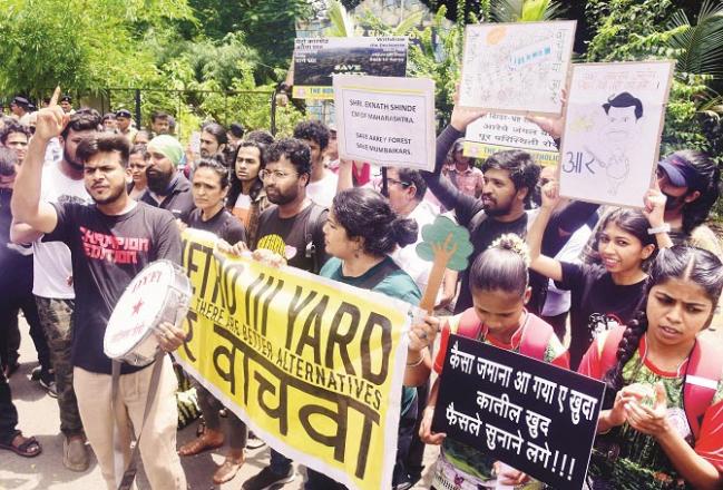 Volunteers and students of various organizations protest against Metrocarshed in Aarey Colony.Picture:Shadab Khan