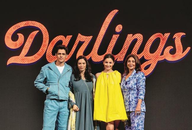 Shefali Shah, Alia Bhatt, Jasmitrin and Roy Jay Varma at the trailer launch of Darlings.Picture:INN