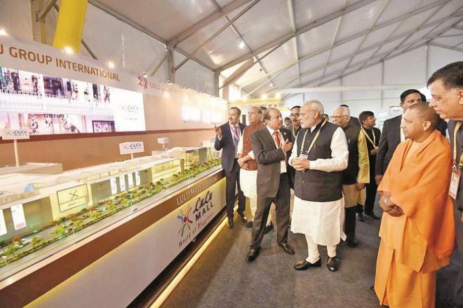 Lulu Mall owner Yousaf Ali with Prime Minister Modi and UP Chief Minister Yogi Adityanath..Picture:INN