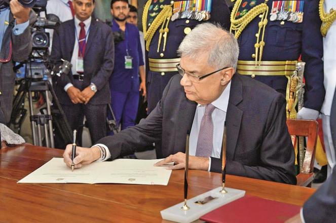 A photo of the swearing-in ceremony of Ranil Wickremesinghe, the newly elected President of Sri Lanka..Picture:AP/PTI