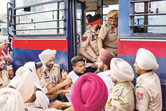Police in riot gear stormed a rally on Friday in the Punjab city of Jalandhar..Picture:PTI