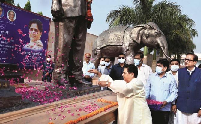 Satish Chandra Mishra with Mayawati on the occasion of Ambedkar Jayanti..Picture:INN