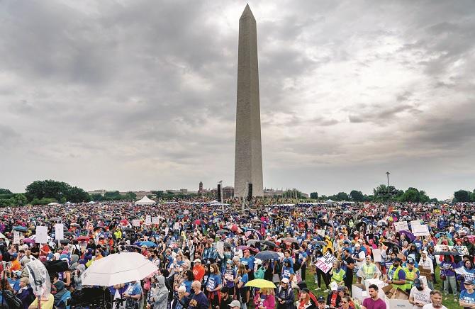 Thousands of protesters camped for hours at the Washington Monument`s sprawling compound..Picture:INN