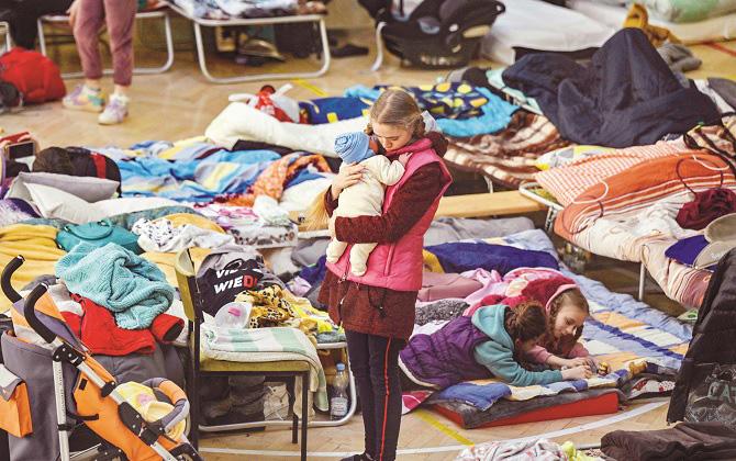 Refugees staying in a school on the border of Ukraine and Poland. .Picture:Agency