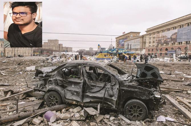 Kharkiv`s Central Square is completely destroyed by Russian bombing. (Inset: Indian student Naveen Shekhar)