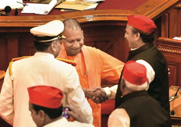 Yogi Adityanath and Akhilesh Yadav congratulating each other.Picture: PTI