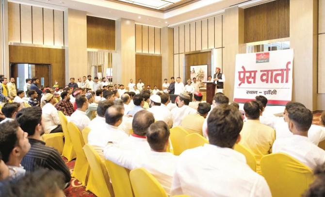 Samajwadi Party chief Akhilesh Yadav addressing a press conference in Jhansi.Picture:INN