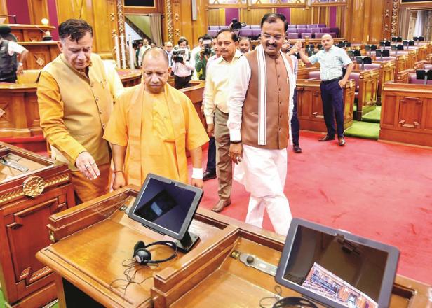  Chief Minister Yogi Adityanath and Deputy Minister Keshuprasadamoria reviewing preparations for the budget meeting..Picture:PTI