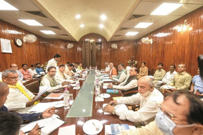A scene from an all-party meeting chaired by Assembly Speaker Satish Mahana.Picture:PTI