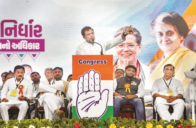 Rahul Gandhi addressing the Tribal Satyagraha Rally in Dahod. (PTI)