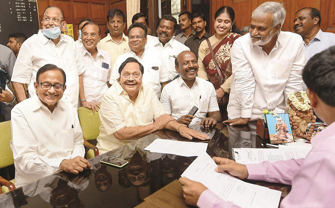 P Chidambaram filing papers for the Rajya Sabha elections at the Tamil Nadu Secretariat.Picture:PTI