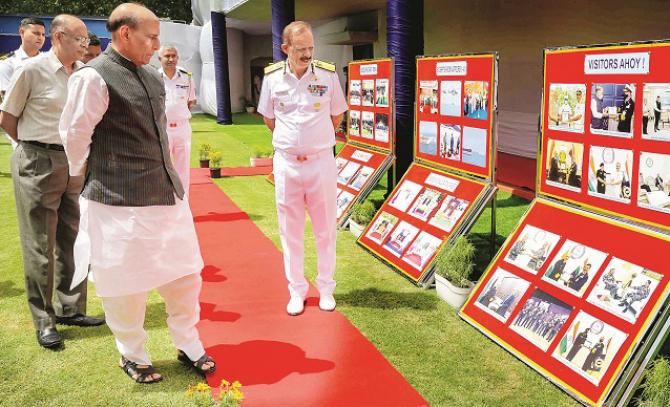 Defense Minister Rajnath Singh during an exhibition organized by the Indian Coast Guard.Picture:INN