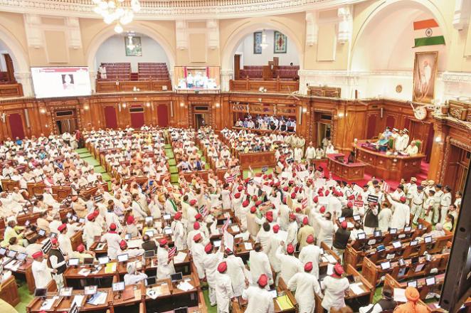 Samajwadi Party members are chanting slogans in the hall while Governor Anandi Ben Patel is addressing..Picture:PTI