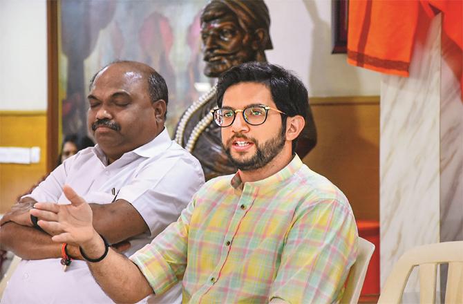 Aditya Thackeray addressing media at Sena Bhavan on Tuesday.(Agencies)