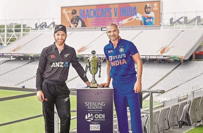 Team India captain Shikhar Dhawan and New Zealand captain Kane Williamson spotted with the Cruze trophy..Picture:PTI