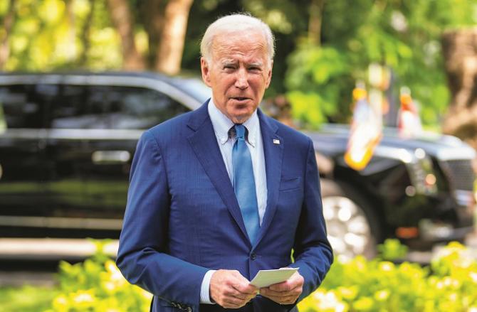 Joe Biden addresses the media after the meeting.Picture:AP/PTI