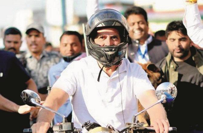 Rahul Gandhi riding a motorcycle in Mahu.Picture:INN