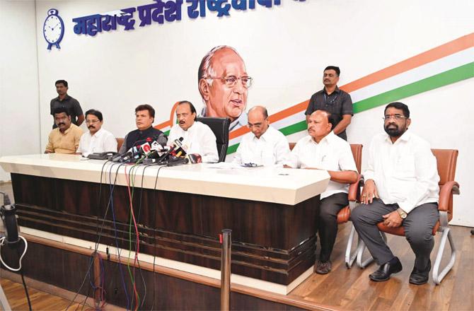 Ajit Pawar addressing a press conference after the Janata Durbar at the NCP office