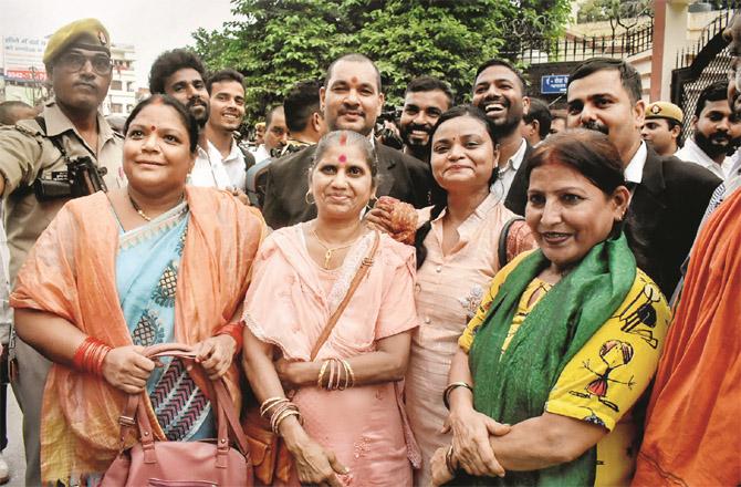 The Hindu women petitioners in the Gyan Vapi case after the hearing on Thursday. (PTI)