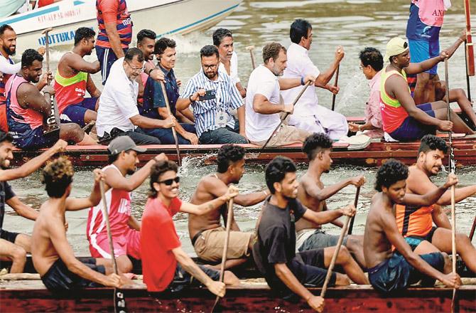 After meeting the fishermen, Rahul Gandhi also enjoyed a boat ride with them (Photo: PTI)