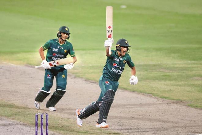 Pakistan batsman Simshah (right) celebrates after leading the team to victory against Afghanistan. .Picture:INN